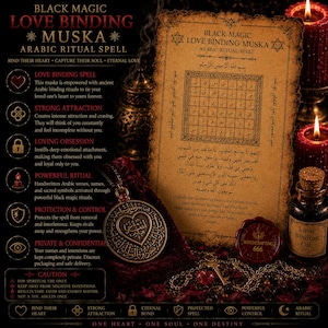 Peut inclure: Un document de style parchemin intitulé Black Magic Love Binding Muska avec une écriture arabe et une grille, accompagné d'un pendentif en métal circulaire avec un cœur, une petite bouteille d'huile et des bougies rouges sur une surface sombre.