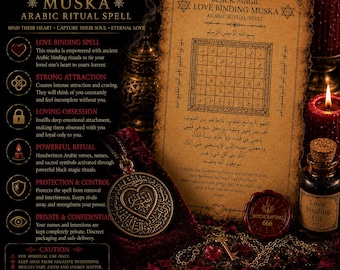 May include: A parchment-style document titled Black Magic Love Binding Muska with Arabic script and a grid, accompanied by a circular metal pendant featuring a heart, a small glass bottle of oil, and red candles on a dark surface.