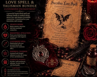 May include: A handcrafted succubus love spell and talisman bundle featuring a parchment with a winged figure illustration, a red velvet pouch containing an ornate metal pendant with a red stone, a ritual guide, and a small glass bottle of elixir.
