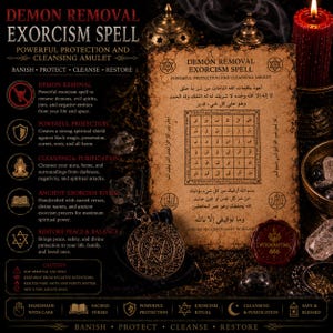 May include: A rectangular parchment paper featuring the text Demon Removal Exorcism Spell, Arabic script, and a central grid of symbols. A circular bronze-toned pendant with a star design rests on a black fabric pouch next to a red wax seal with 666.