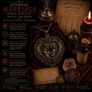 May include: A bronze-toned heart-shaped pendant featuring two figures in relief, suspended on a chain over a dark velvet pouch. The scene includes a red candle, a small glass bottle labeled Eternal Marriage Spell Oil, a crystal, and parchment.
