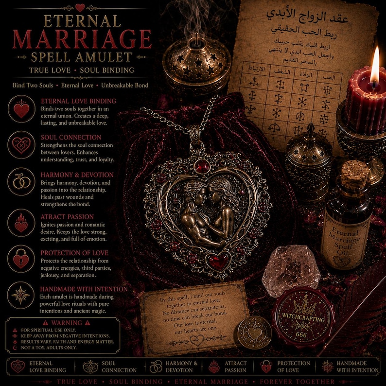 May include: A bronze-toned heart-shaped pendant featuring two figures in relief, suspended on a chain over a dark velvet pouch. The scene includes a red candle, a small glass bottle labeled Eternal Marriage Spell Oil, a crystal, and parchment.