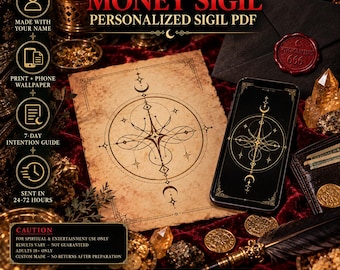 Puede incluir: Un PDF de sigilo de dinero personalizado con un diseño geométrico dorado sobre pergamino envejecido y una pantalla de smartphone. El texto incluye WEALTH MONEY SIGIL, PERSONALIZED SIGIL PDF y una nota de precaución para uso espiritual.