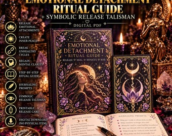 Op de afbeelding: Een digitale PDF-gids getiteld Emotional Detachment Ritual Guide and Symbolic Release Talisman. De omslag toont een vrouw met lang haar en kettingen, paarse bloemen en een maan. Bevat een ritueel-checklist en vragen voor dagboekschrijven.
