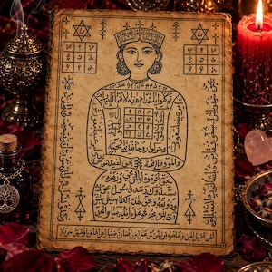 Puede incluir: Un pergamino rectangular con bordes envejecidos de color tostado que presenta una ilustración central en tinta negra de una figura con corona. La figura contiene una cuadrícula de números y escritura árabe. Símbolos y texto rodean la figura.