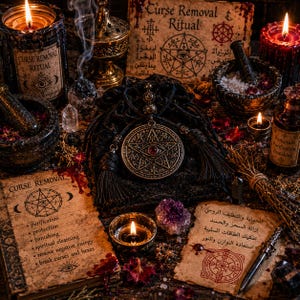 Può includere: Un ciondolo metallico circolare con un simbolo di occhio e stella poggia su un sacchetto di velluto nero, circondato da due candele nere etichettate Curse Removal Ritual, un mortaio, un pestello, cristalli e pergamene con simboli.