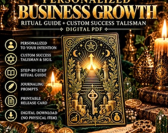 Op de afbeelding: Een digitale PDF-gids getiteld Personalized Business Growth Ritual Guide + Custom Success Talisman. De afbeelding toont een zwart-gouden kaart met een sleutel, munten en een trapillustratie, omringd door kaarsen en gouden munten.