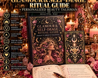 以下が含まれることがあります： Glamour & Self-Image Ritual GuideというタイトルのデジタルPDF儀式ガイドと、パーソナライズされたビューティータリスマン。ブックカバー、お揃いのカード、ペン付きの開いたジャーナルが含まれており、金色の花と天体のモチーフが施されています。