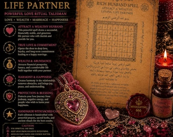 May include: A ritual kit featuring a parchment paper with the text Rich Husband Spell, a gold-toned heart-shaped pendant with pink stones, a small glass bottle of love attraction oil, a red wax seal, and two red candles on a dark background.