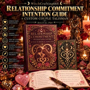 Può includere: Una guida digitale in PDF intitolata Relationship Commitment Intention Guide con una copertina rosso scuro decorata con illustrazioni dorate di fiori e cuori, una carta abbinata e un libro aperto con rituali e suggerimenti.