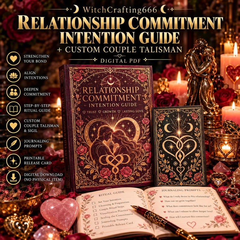 Op de afbeelding: Een digitale PDF-gids genaamd Relationship Commitment Intention Guide met een donkerrode boekomslag met gouden bloemen- en hartillustraties, een bijpassende kaart en een open boek met rituele stappen en schrijfopdrachten.