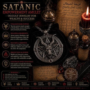 May include: A silver-toned circular pendant featuring a goat head centered on a pentagram, suspended on a chain. The design includes small red stones and intricate engravings. The image displays text in English and Arabic, along with a red candle.