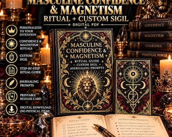 Op de afbeelding: Een digitale PDF-ritueelgids getiteld Masculine Confidence & Magnetism met een leeuwenillustratie, gouden filigraan en een aangepast zegel. De set bevat een ritueelgids, schrijfopdrachten en een printbare kaart in een donkere stijl.