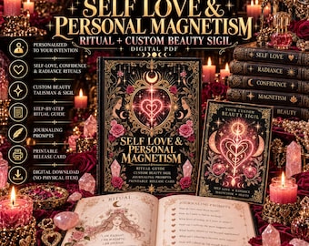 Op de afbeelding: Een digitale PDF-ritueelgids getiteld Self Love & Personal Magnetism, met een open boek met dagboekprompts, een aangepaste schoonheidssigilkaart en gouden accenten op een donkere achtergrond met roze rozen en brandende kaarsen.