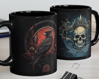 Halloween Mug - Bird Lover, Gifts for Friend, Skull Mug, gifts for him, gifts for her, Art Mug, Goth Mug, 11 oz, Two images, magical mug