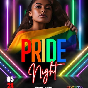 May include: A promotional poster for a Pride Night event. The poster features a person holding a rainbow flag, with the words "PRIDE Night" in bold, colorful text. Neon lines in various colors frame the image, with event details at the bottom.