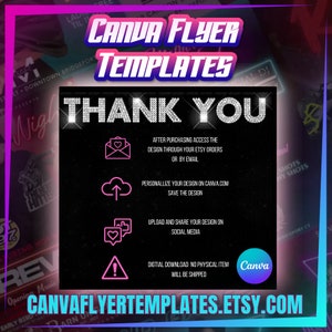 Puede incluir: Una plantilla de flyer Canva de descarga digital con fondo negro y texto rosa, azul y blanco. El texto dice "Canva Flyer Templates" y "Gracias". La imagen tambi&eacute;n incluye instrucciones para usar la plantilla, como "Despu&eacute;s de comprar, acceda al dise&ntilde;o a trav&eacute;s de sus pedidos de Etsy o por correo electr&oacute;nico" y "Descarga digital, no se enviar&aacute; ning&uacute;n art&iacute;culo f&iacute;sico".