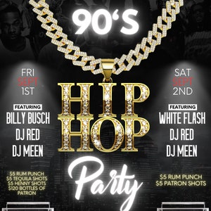 Könnte beinhalten: Ein Flyer für eine 90er Hip-Hop-Party mit Billy Busch, DJ Red und DJ Meen am Freitag, den 1. September. Der Flyer zeigt auch White Flash, DJ Red und DJ Meen am Samstag, den 2. September. Die Veranstaltung findet im 211 State Street in Bridgeport, CT statt.