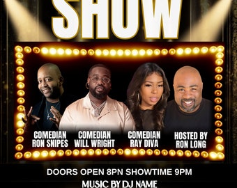 Puede incluir: Un póster que anuncia un espectáculo de comedia con los comediantes Ron Snipes, Will Wright y Ray Diva. El espectáculo es presentado por Ron Long. El póster es negro con letras doradas y presenta una foto de los cuatro comediantes. El espectáculo se lleva a cabo en 818 N. Market Street, Wilmington, DE. Las entradas están disponibles en la taquilla del Grand Opera House o en línea en www.thegrandwilmington.org.