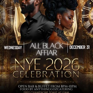 Op de afbeelding: Een promotieposter voor een oudejaarsavondviering, met een man en een vrouw in formele kleding. De tekst luidt "All Black Affair" en "NYE 2026 Celebration". De datum is 31 december, met extra details over het evenement.