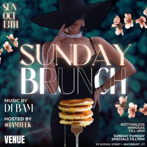 Puede incluir: Un cartel que anuncia un brunch dominical con el texto "SUNDAY BRUNCH" en letras blancas grandes. El cartel presenta a una mujer con un vestido negro y un sombrero de ala ancha, sosteniendo un tenedor con una pila de panqueques. El texto "MUSIC BY DJ BAM" y "HOSTED BY @IAMTEEK" también está incluido. El evento tendrá lugar el 13 de octubre en el 23 Scovill Street, Waterbury, CT.