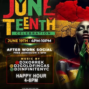 Puede incluir: Un cartel promocional para una celebración del Juneteenth. El diseño presenta las palabras "June Teenth" en letras grandes y coloridas. El texto adicional incluye detalles del evento, como la fecha, la hora y el lugar, junto con los nombres de los DJ. A la derecha está el rostro de una mujer.