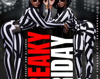 May include: A flyer for a "Freaky Friday" event with two women wearing black and white striped outfits. The flyer includes the date "05 24", the text "Music by DJ Rocket and DJ Lodak", "TIGHT SECURITY", "DOORS OPEN AT 9PM", "$100 BOTTLES TIL 11PM", "VENUE NAME OR LOGO HERE", "1086 PEMBROKE ST - BRIDGEPORT, CT".