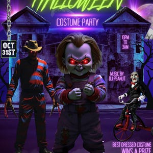 Può includere: Volantino per una festa in costume di Halloween con il testo "Halloween Costume Party" in verde neon. L'immagine presenta personaggi di film horror, tra cui Chucky, Freddy Krueger e Jigsaw. L'evento si terrà il 31 ottobre dalle 22:00 alle 3:00.