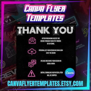 May include: A digital download Canva flyer template with a pink and black color scheme. The text "CANVA FLYER TEMPLATES" is in large white letters. The text "THANK YOU" is in large white letters with a glittery effect. The text "CANVAFLYERTEMPLATES.ETSY.COM" is in white letters at the bottom of the image.