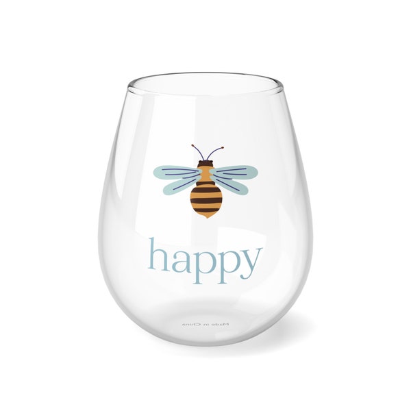 Bee Happy Wine Glass,  Cute Bee Design Wine Glass, Bee Themed Wine Glass, Stemless Wine Glass