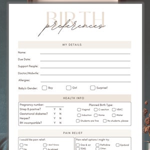 Birth Plan Template Editable for Canva and PDF | Printable Birth Plan | Labor and Delivery Preferences | Doula