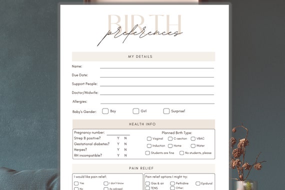 Birth Plan Template Editable for Canva and PDF | Printable Birth Plan | Labor and Delivery Preferences | Doula