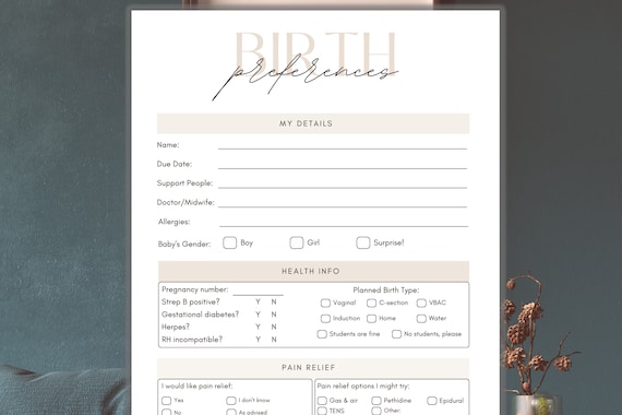 Birth Plan Template Editable for Canva and PDF | Printable Birth Plan | Labor and Delivery Preferences | Doula