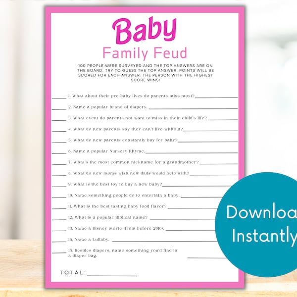 Pink Baby Shower Family Feud | Pink Doll Baby Shower Game Printable | Available Instantly | Pink and White | Fun Baby Shower Games