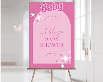 Baby Shower Welcome Sign Template, Pink and White Baby Shower, Welcome Sign, Baby Girl, Baby Boy, Editable, Instant, Download Canva Template