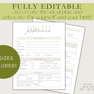 May include: A printable birth preferences checklist with sections for personal details, health information, pain relief options, and a space for notes. The checklist is fully editable and includes two sizes.