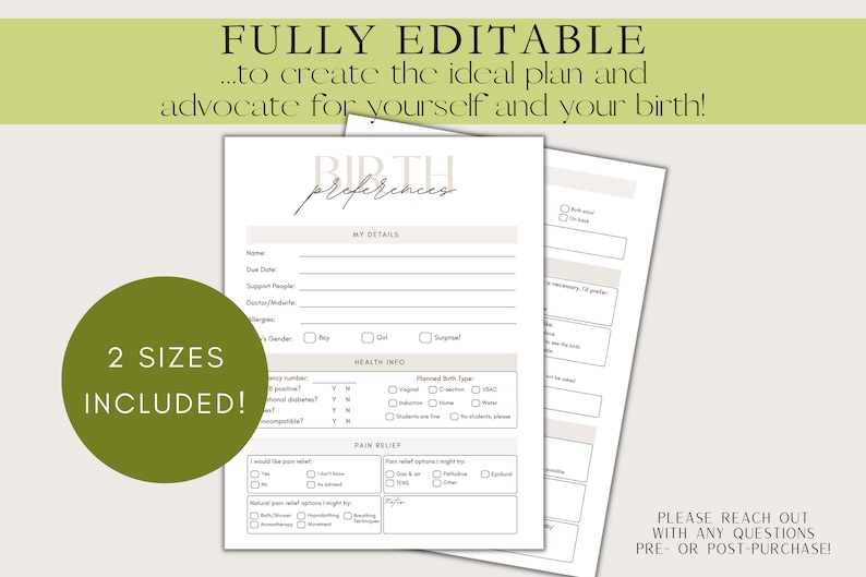 May include: A printable birth preferences checklist with sections for personal details, health information, pain relief options, and a space for notes. The checklist is fully editable and includes two sizes.