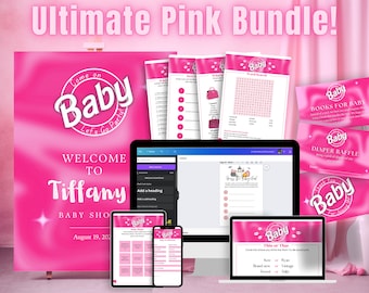 Ultimate Pink Baby Shower Bundle | Baby Shower Games | Welcome Sign | Invitations | Thank You Cards | Diaper Raffle | Books for Baby