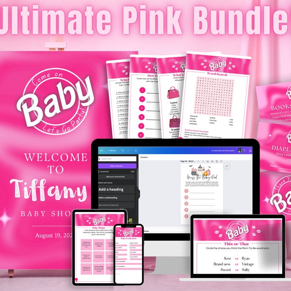 Ultimate Pink Baby Shower Bundle | Baby Shower Games | Welcome Sign | Invitations | Thank You Cards | Diaper Raffle | Books for Baby