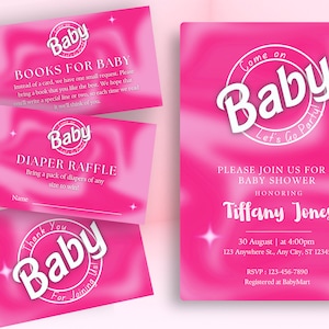 Plantillas editables de invitaciones para baby shower en rosa / Baby Shower en rosa Canvas / Rifa de pañales / Libros para bebé y tarjetas de agradecimiento / Niña