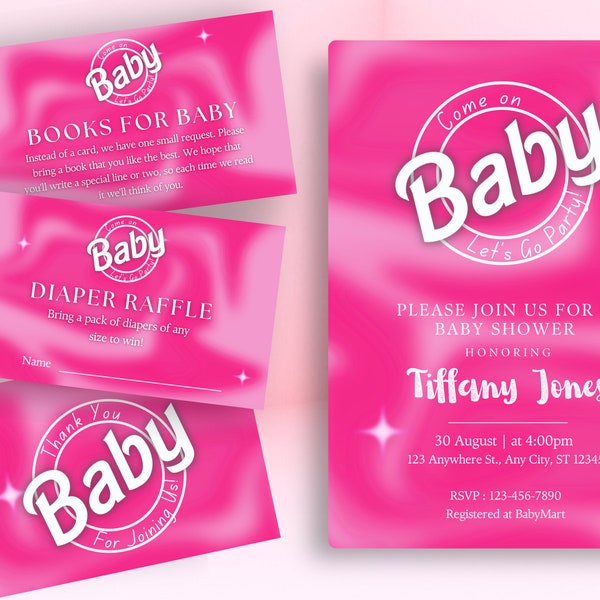 Editable Pink Baby Shower Invitation Templates | Pink Baby Shower Canva | Diaper Raffle | Books for Baby & Thank You Cards | Baby Girl