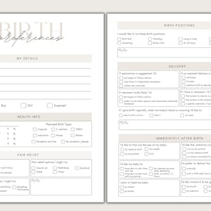 May include: A printable birth preferences checklist with sections for personal details, health information, pain relief, birth positions, delivery, and immediately after birth. The checklist includes options for vaginal birth, C-section, VBAC, pain relief methods, and preferences for the delivery process.