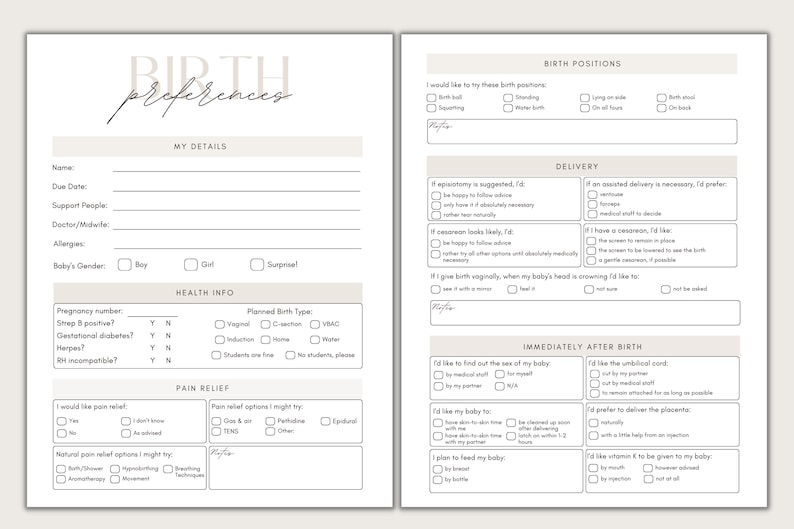 May include: A printable birth preferences checklist with sections for personal details, health information, pain relief, birth positions, delivery, and immediately after birth. The checklist includes options for vaginal birth, C-section, VBAC, pain relief methods, and preferences for the delivery process.