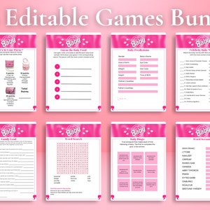 Editable Pink Baby Shower Games with Answer Keys | Come on Baby |Baby Girl | Pink and White Baby Shower | Pink Party Games | Pink Games