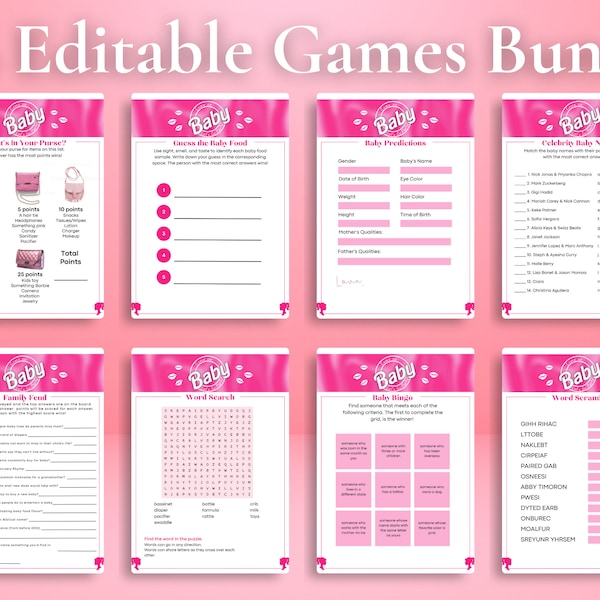 Editable Pink Baby Shower Games with Answer Keys | Come on Baby |Baby Girl | Pink and White Baby Shower | Pink Party Games | Pink Games