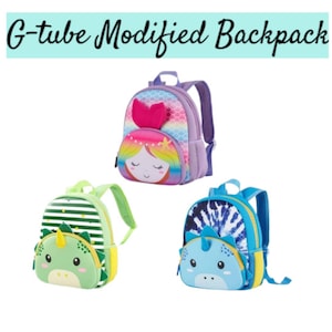 May include: Three colourful backpacks with cartoon animal faces. The backpacks are purple, green, and blue with tie-dye patterns. The backpacks have adjustable straps and a zipped pocket.