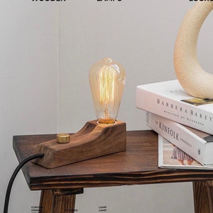 Wooden Table Lamp Edison Bulb, Walnut Small Desk Lamp, Bedside Lamp, Home Decor, Edison Lamp Brass Dimmable, Presonalized Gift