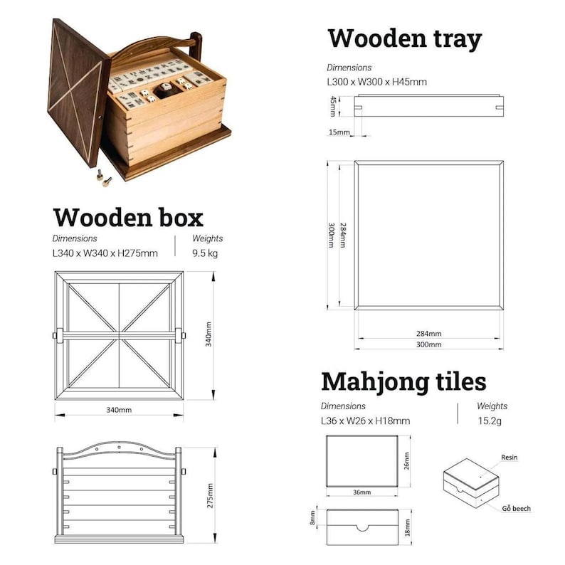 May include: A wooden Mahjong set with a box, tray, and tiles. The box is 340mm x 340mm x 275mm and weighs 9.5 kg. The tray is 300mm x 300mm x 45mm. The tiles are 36mm x 26mm x 18mm and weigh 15.2g. The set includes a wooden box, tray, and tiles.
