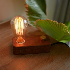 May include: A wooden table lamp with a warm, glowing Edison bulb. The lamp has a simple design with a dark wood base and a brass switch.