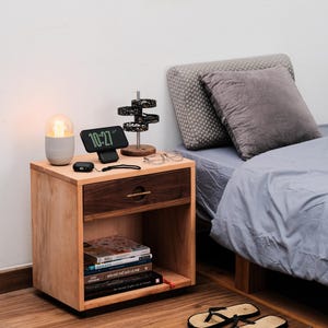 Solid Walnut and Beechwood Nightstand With Drawer, Bedside Table With Brass Handle, Wooden Nightstand With Storage, Handmade Bedside Cabinet